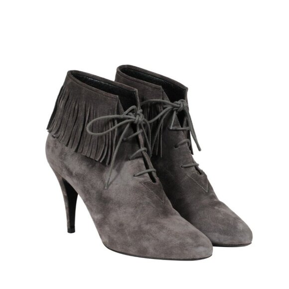 Saint Laurent Womens Fringe Lace Up Ankle Booties US 9 EU 39 Grey Suede Boots